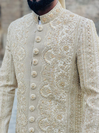 Elegant Embroidered Sherwani with White Pajama & Kulla for Groom