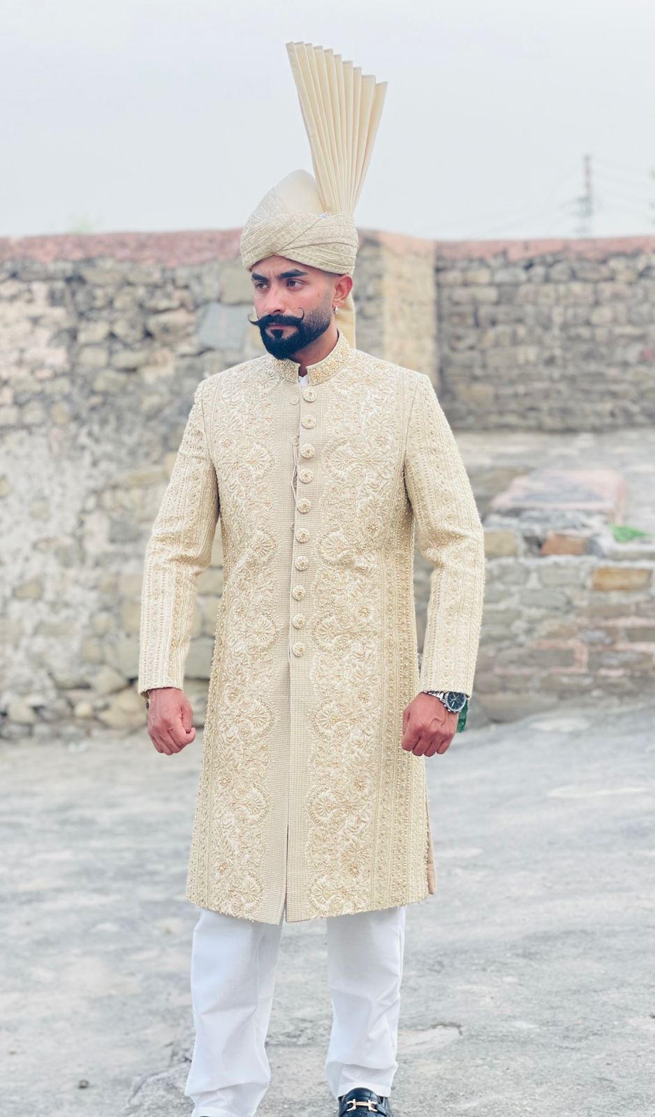 Elegant Embroidered Sherwani with White Pajama & Kulla for Groom