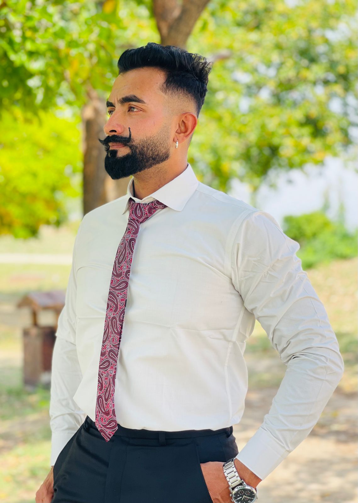 Elegant Taupe 2-Piece Suit Black with Burgundy Paisley Tie & White Shirt