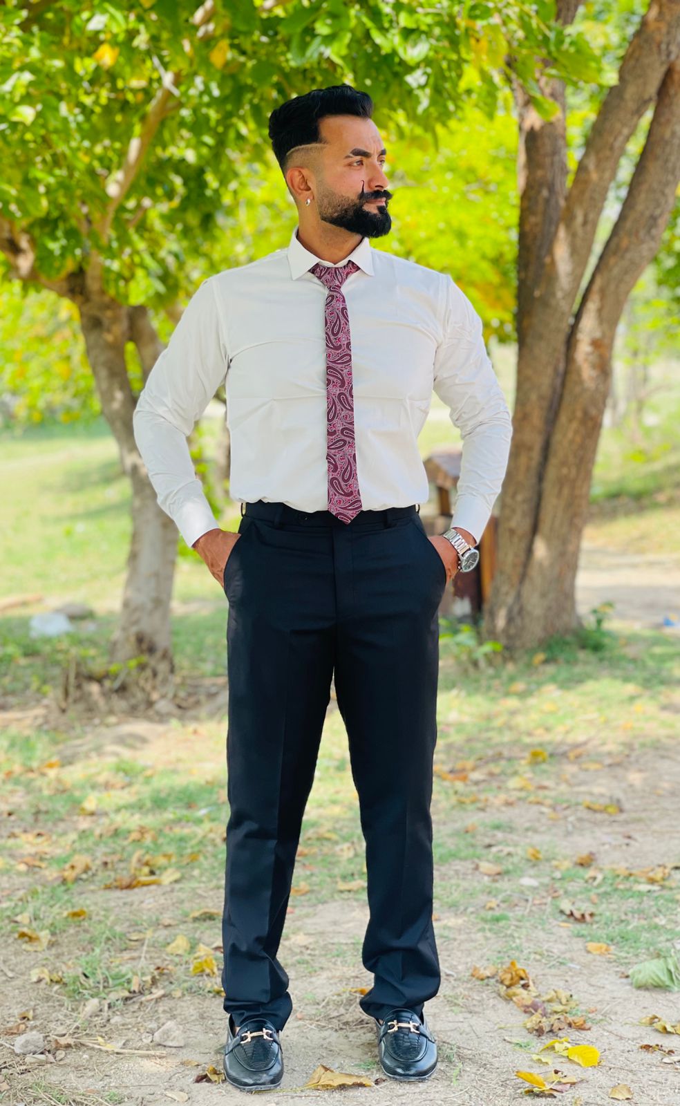 Elegant Taupe 2-Piece Suit Black with Burgundy Paisley Tie & White Shirt