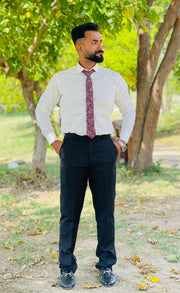 Elegant Taupe 2-Piece Suit Black with Burgundy Paisley Tie & White Shirt