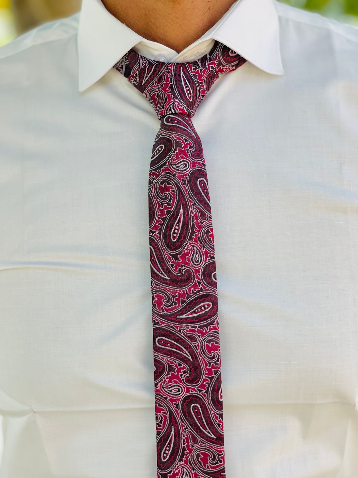 Elegant Taupe 2-Piece Suit Black with Burgundy Paisley Tie & White Shirt