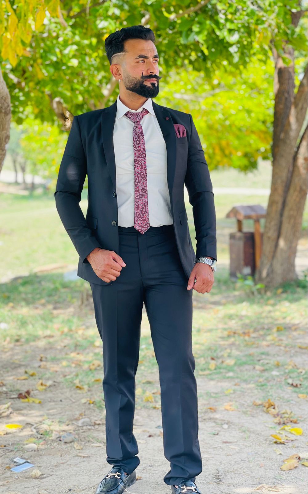 Elegant Taupe 2-Piece Suit Black with Burgundy Paisley Tie & White Shirt