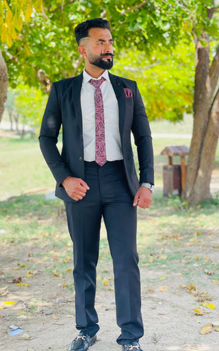 Elegant Taupe 2-Piece Suit Black with Burgundy Paisley Tie & White Shirt