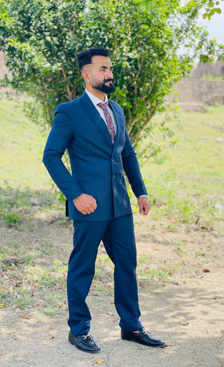 Classic Blue Double-Breasted Suit with Paisley Tie & White Shirt