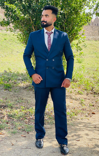 Classic Blue Double-Breasted Suit with Paisley Tie & White Shirt