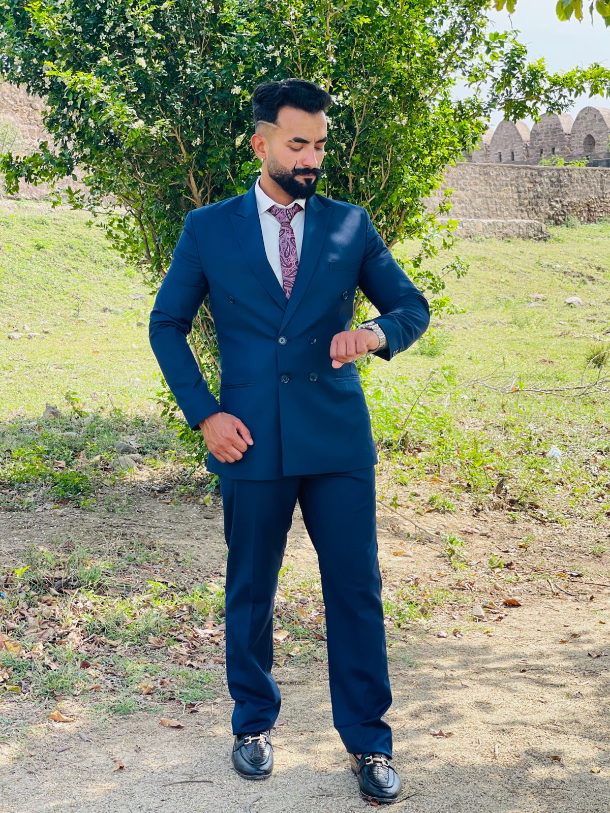 Classic Blue Double-Breasted Suit with Paisley Tie & White Shirt