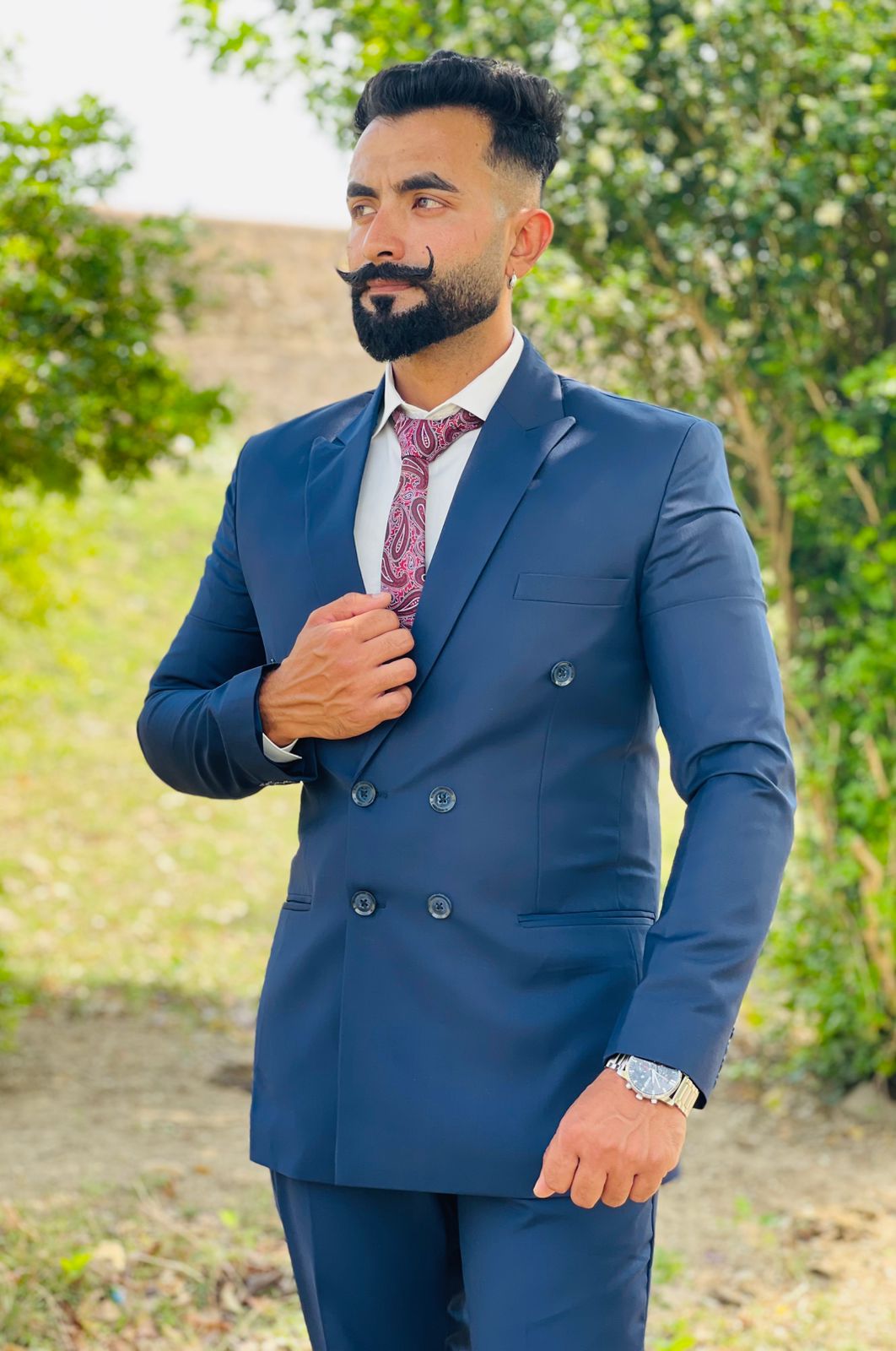 Classic Blue Double-Breasted Suit with Paisley Tie & White Shirt