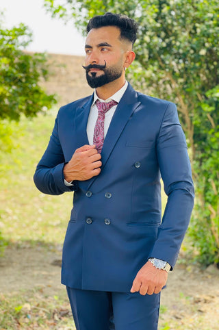 Classic Blue Double-Breasted Suit with Paisley Tie & White Shirt