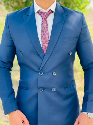 Classic Blue Double-Breasted Suit with Paisley Tie & White Shirt