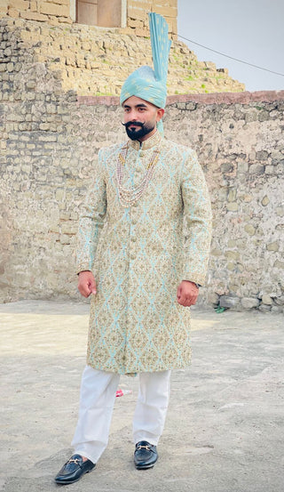 Luxury Sherwani with kulla & Pearl Mala Groom Set