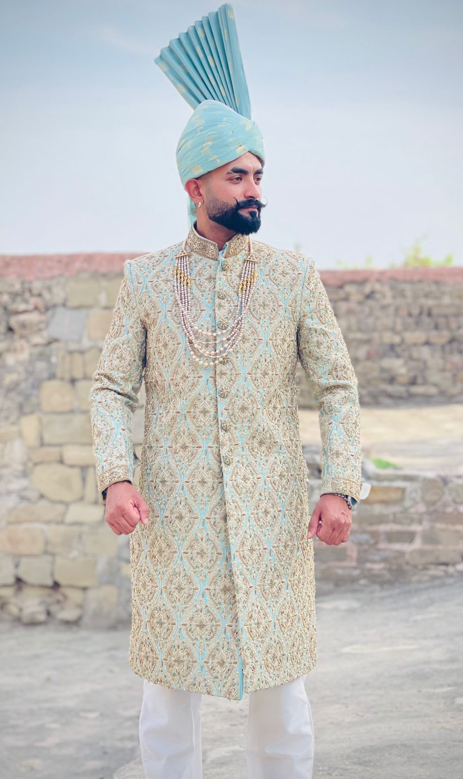 Luxury Sherwani with kulla & Pearl Mala Groom Set