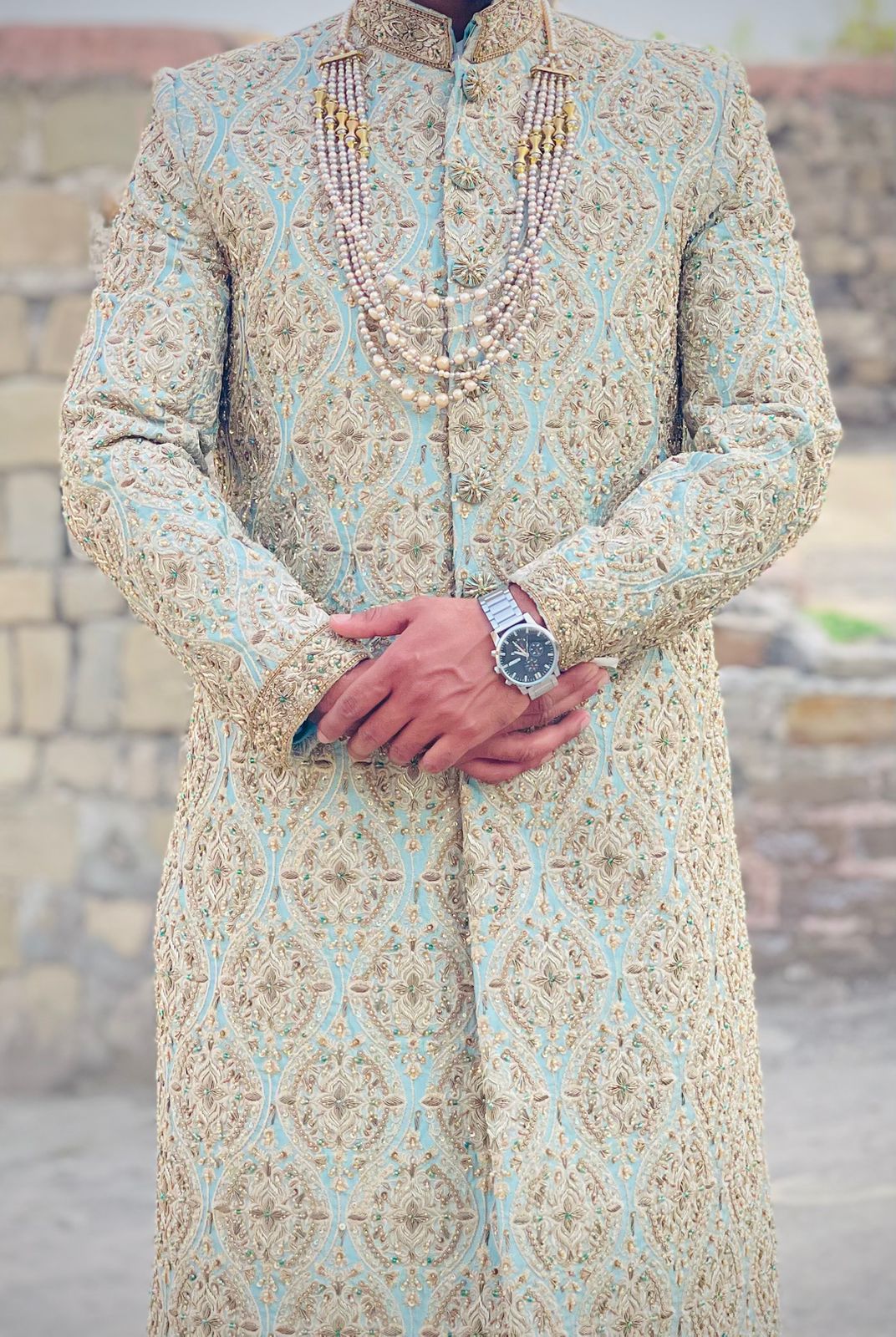 Luxury Sherwani with kulla & Pearl Mala Groom Set