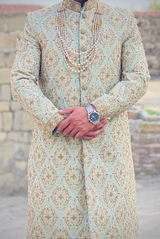 Luxury Sherwani with kulla & Pearl Mala Groom Set