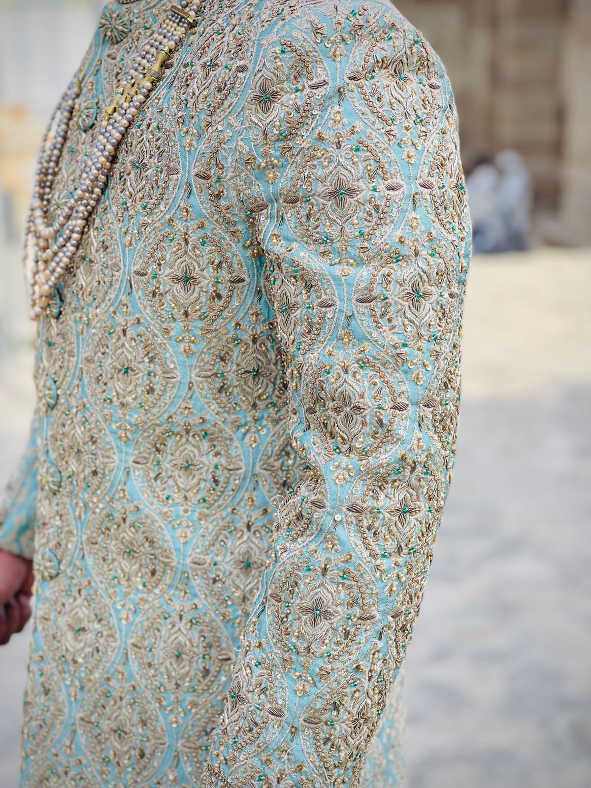 Luxury Sherwani with kulla & Pearl Mala Groom Set