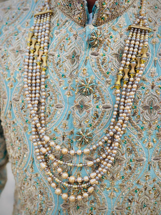 Luxury Sherwani with kulla & Pearl Mala Groom Set