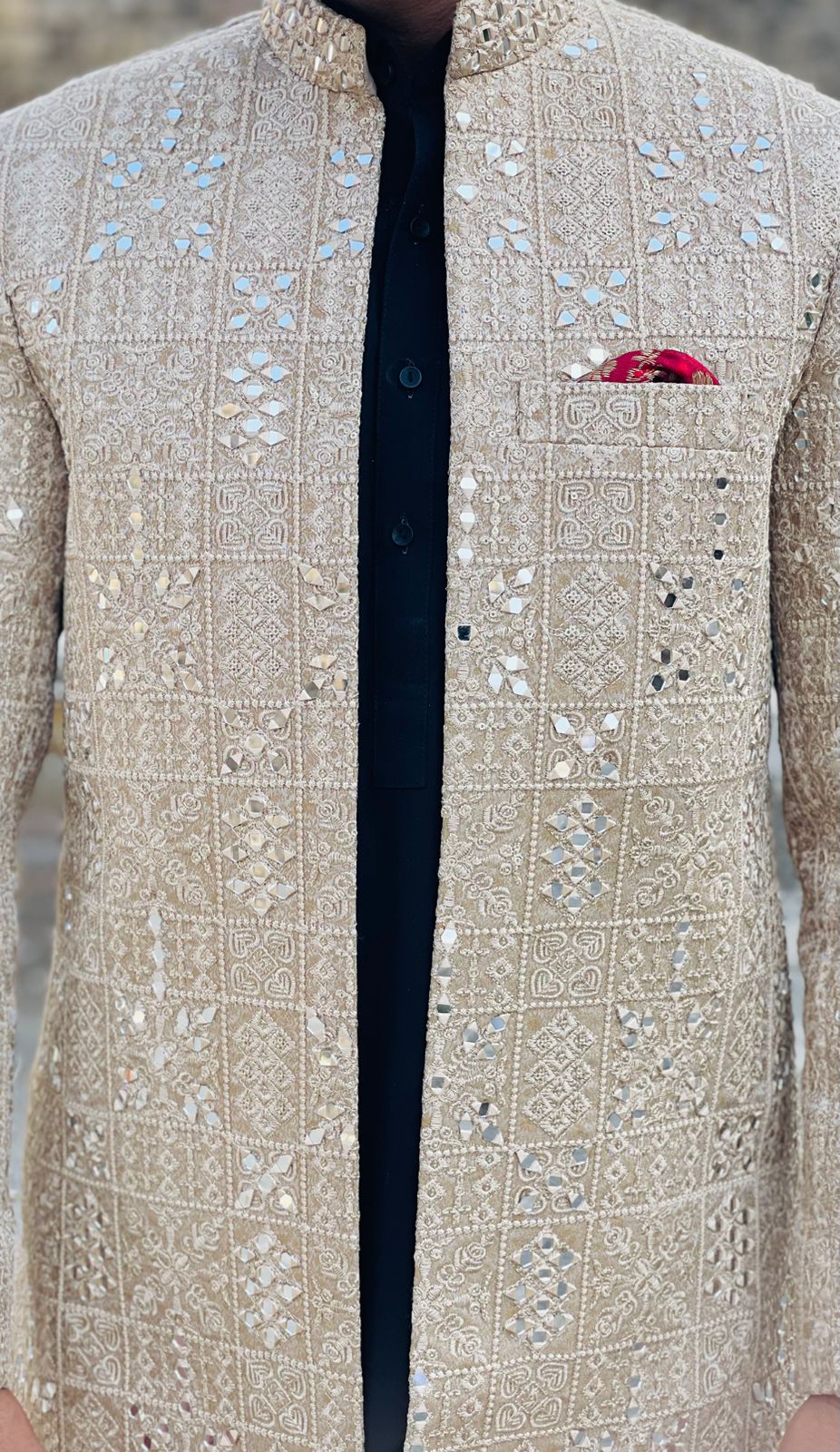Embroidered Mirror Work Prince Coat – Luxury Formal Ethnic Wear