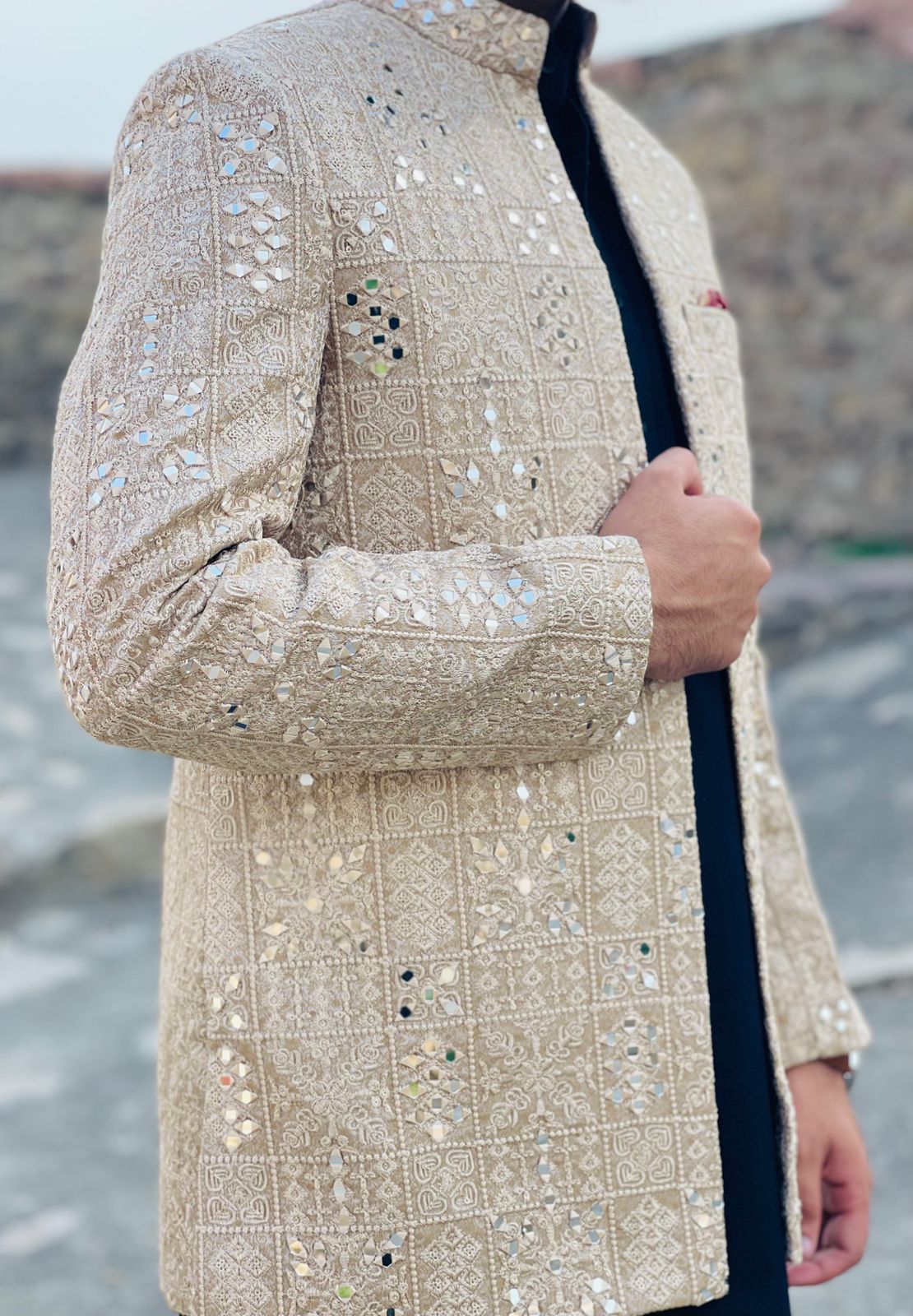 Embroidered Mirror Work Prince Coat – Luxury Formal Ethnic Wear