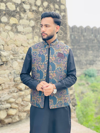 Jacquard Embroidered Waistcoat – Band Collar Formal Ethnic Wear