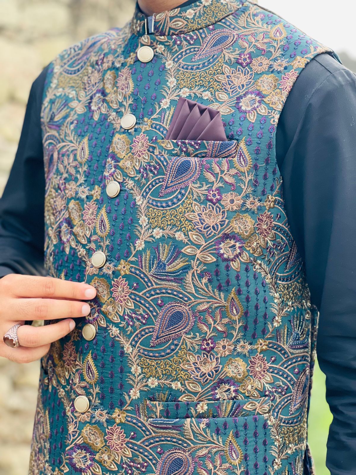 Jacquard Embroidered Waistcoat – Band Collar Formal Ethnic Wear