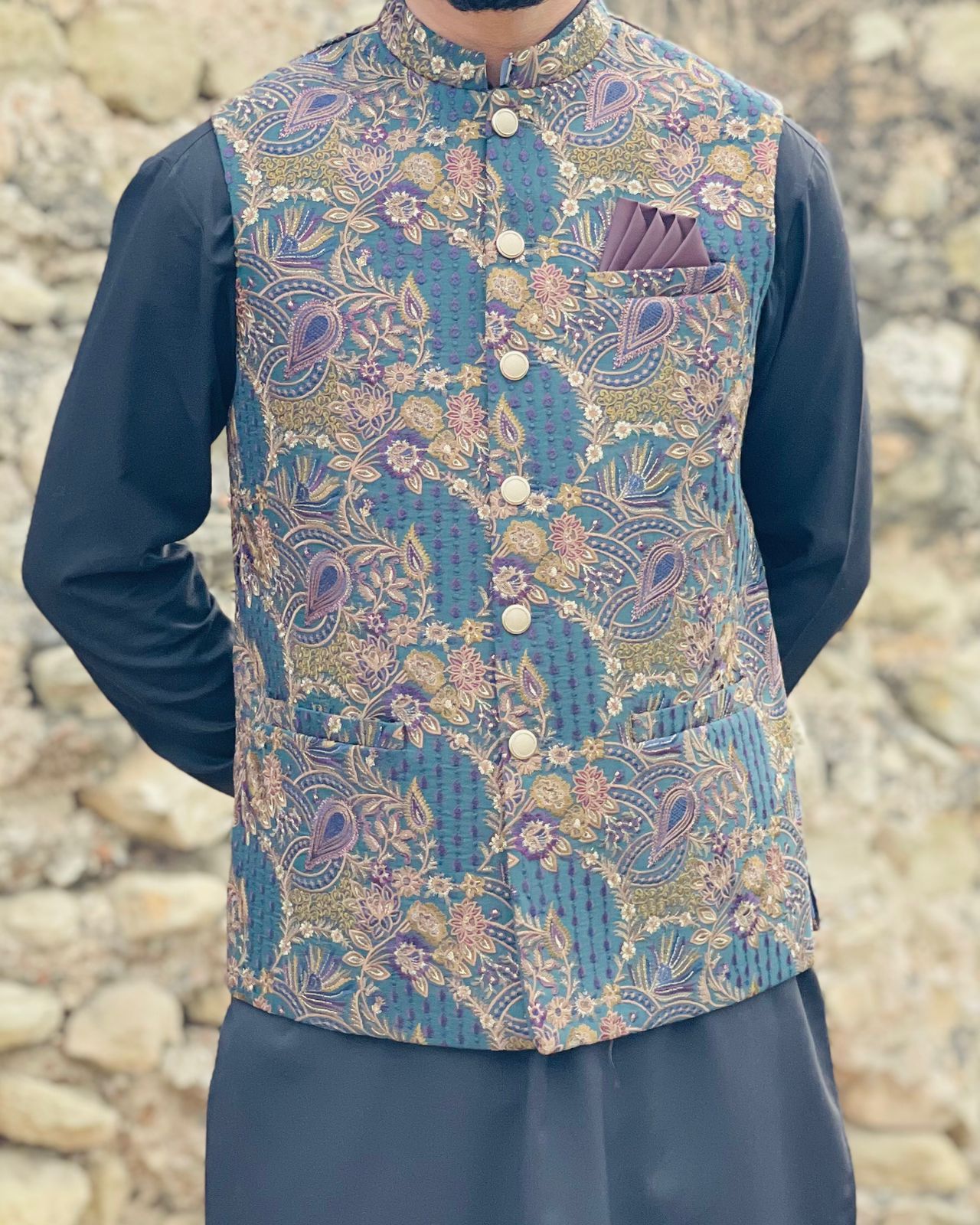 Jacquard Embroidered Waistcoat – Band Collar Formal Ethnic Wear