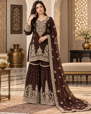 Chocolate Brown Organza Embroidered Gharara 3 Piece Suit
