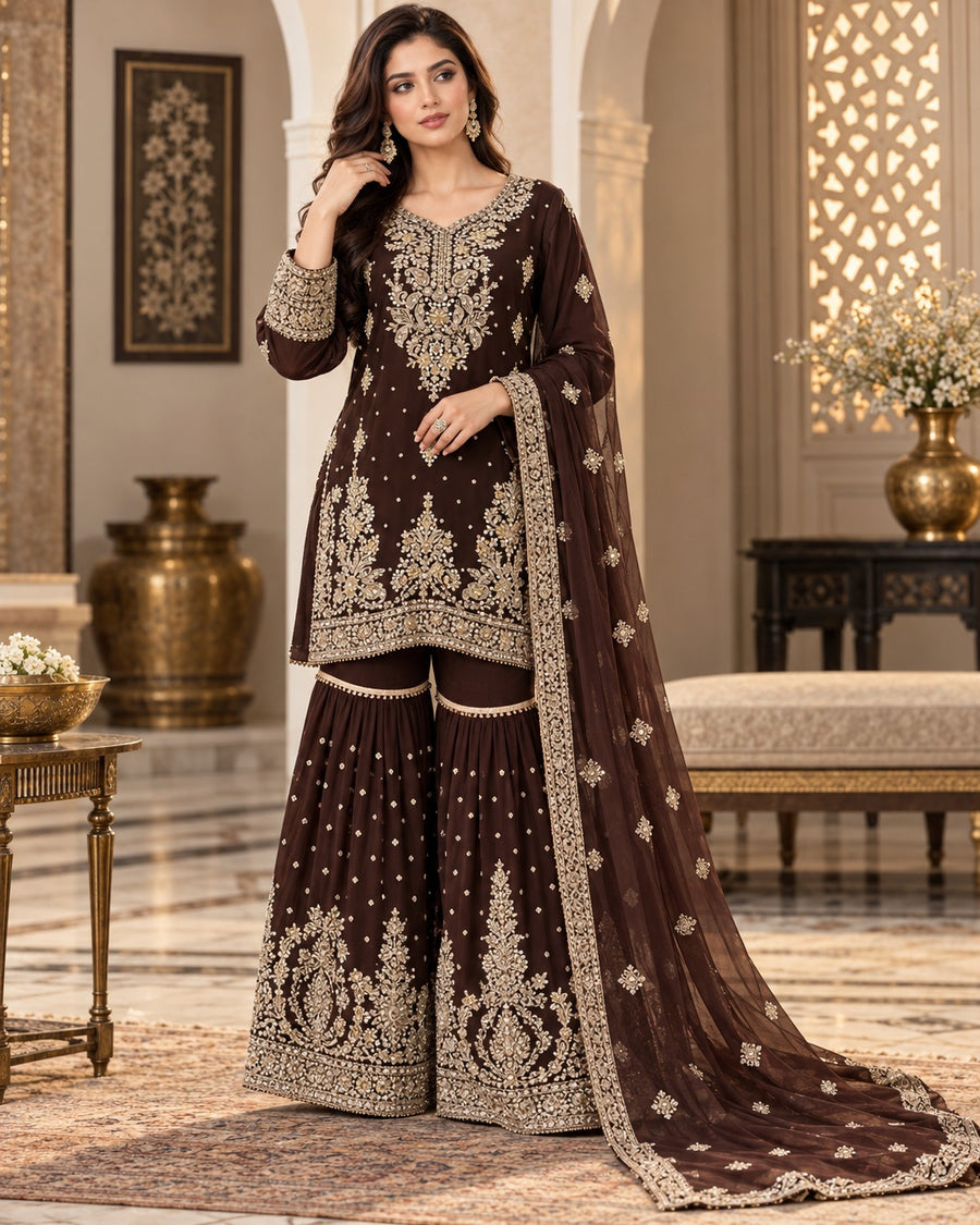 Chocolate Brown Organza Embroidered Gharara 3 Piece Suit
