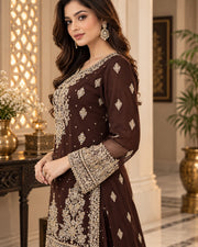 Chocolate Brown Organza Embroidered Gharara 3 Piece Suit