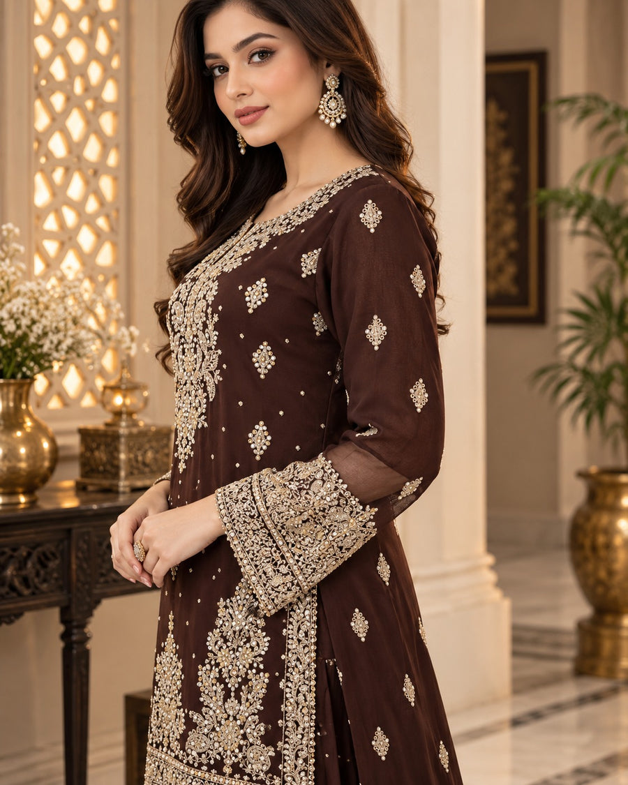 Chocolate Brown Organza Embroidered Gharara 3 Piece Suit