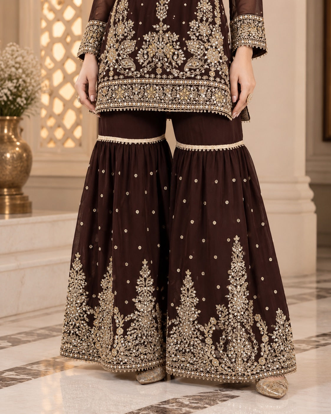 Chocolate Brown Organza Embroidered Gharara 3 Piece Suit