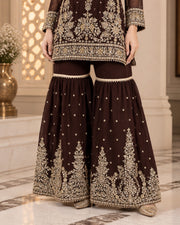 Chocolate Brown Organza Embroidered Gharara 3 Piece Suit