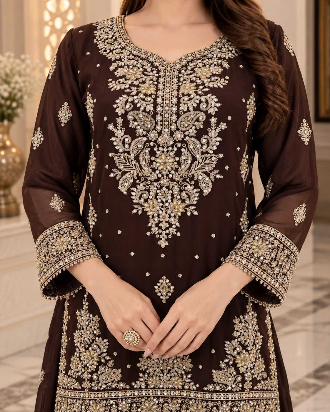Chocolate Brown Organza Embroidered Gharara 3 Piece Suit