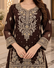 Chocolate Brown Organza Embroidered Gharara 3 Piece Suit