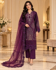 Royal Plum Organza Embroidered 3 Piece Suit