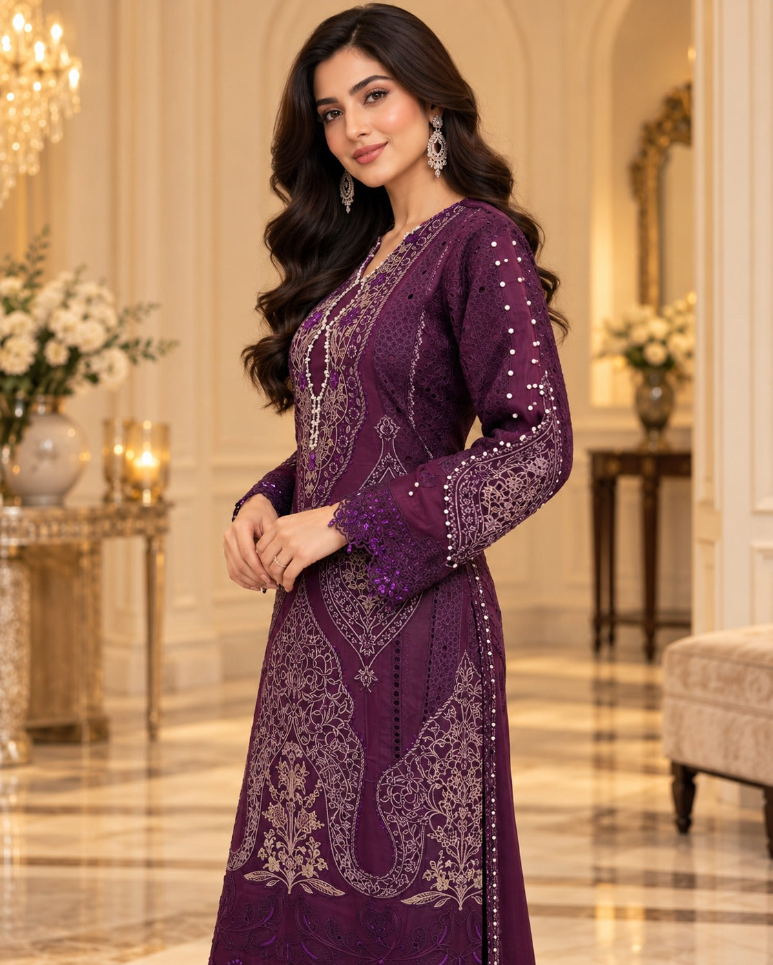 Royal Plum Organza Embroidered 3 Piece Suit