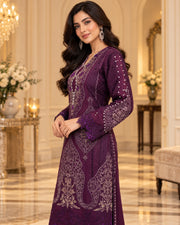 Royal Plum Organza Embroidered 3 Piece Suit