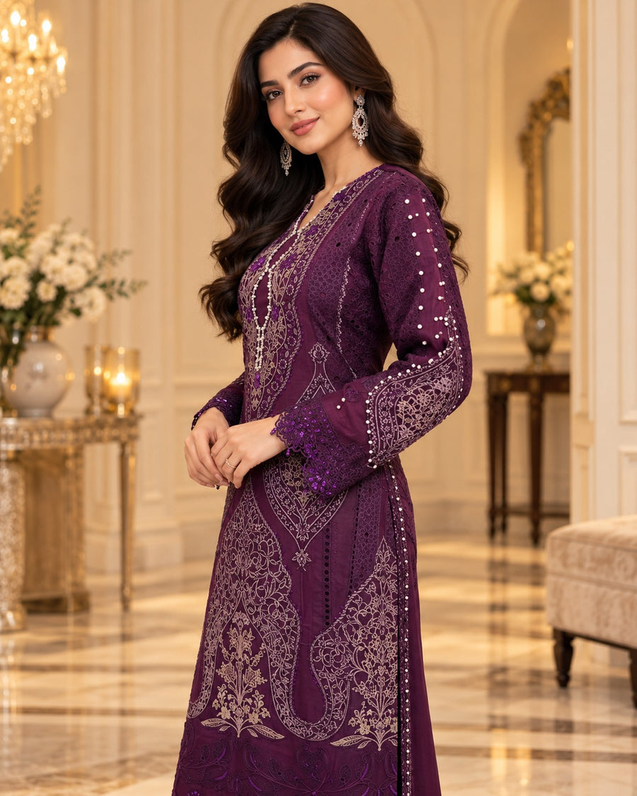 Royal Plum Organza Embroidered 3 Piece Suit