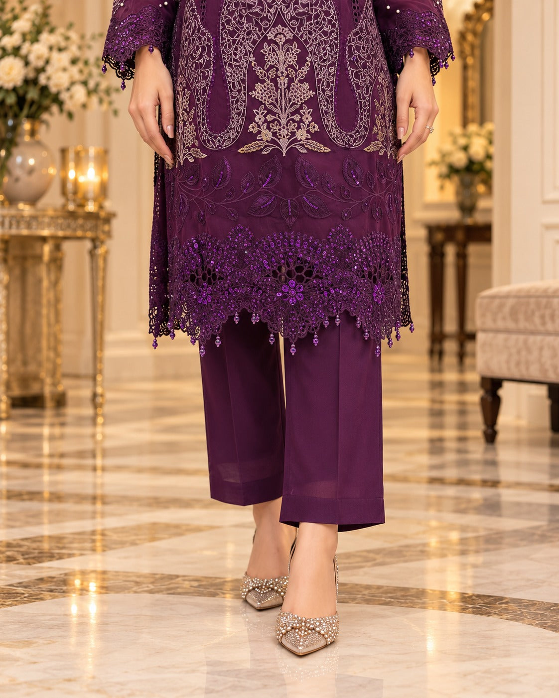 Royal Plum Organza Embroidered 3 Piece Suit