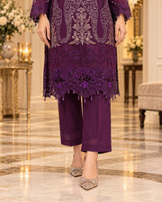 Royal Plum Organza Embroidered 3 Piece Suit