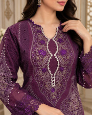 Royal Plum Organza Embroidered 3 Piece Suit