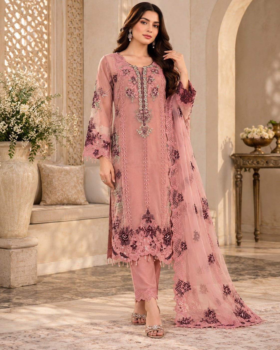 Blush Rose Organza Embroidered 3 Piece Formal Suit
