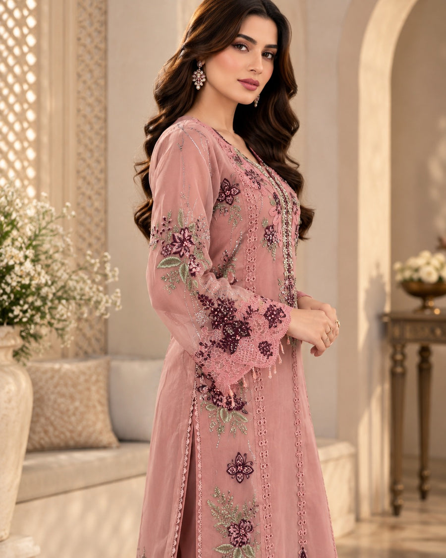 Blush Rose Organza Embroidered 3 Piece Formal Suit