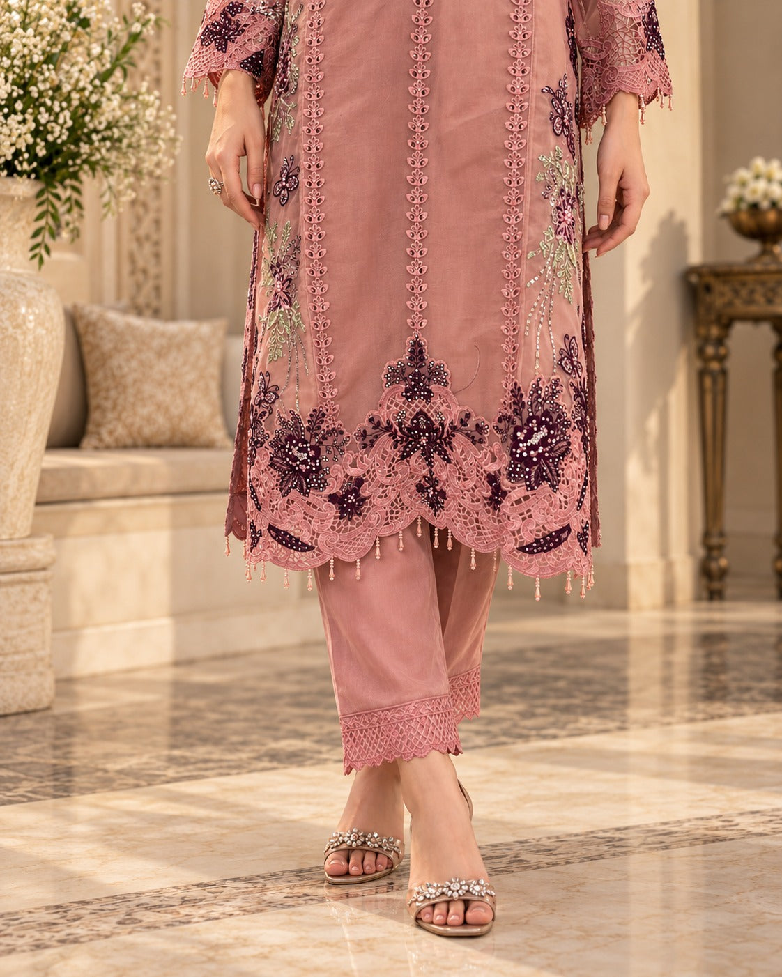Blush Rose Organza Embroidered 3 Piece Formal Suit