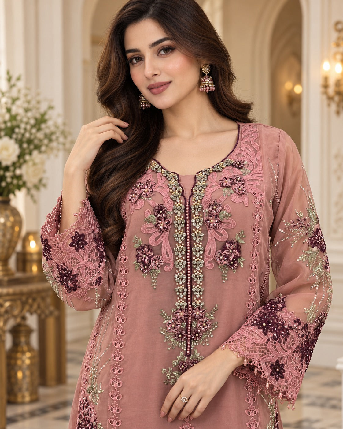 Blush Rose Organza Embroidered 3 Piece Formal Suit