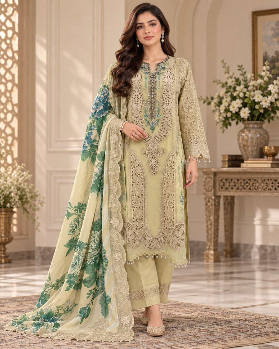 Pistachio Green Organza Cutwork Embroidered 3 Piece Suit