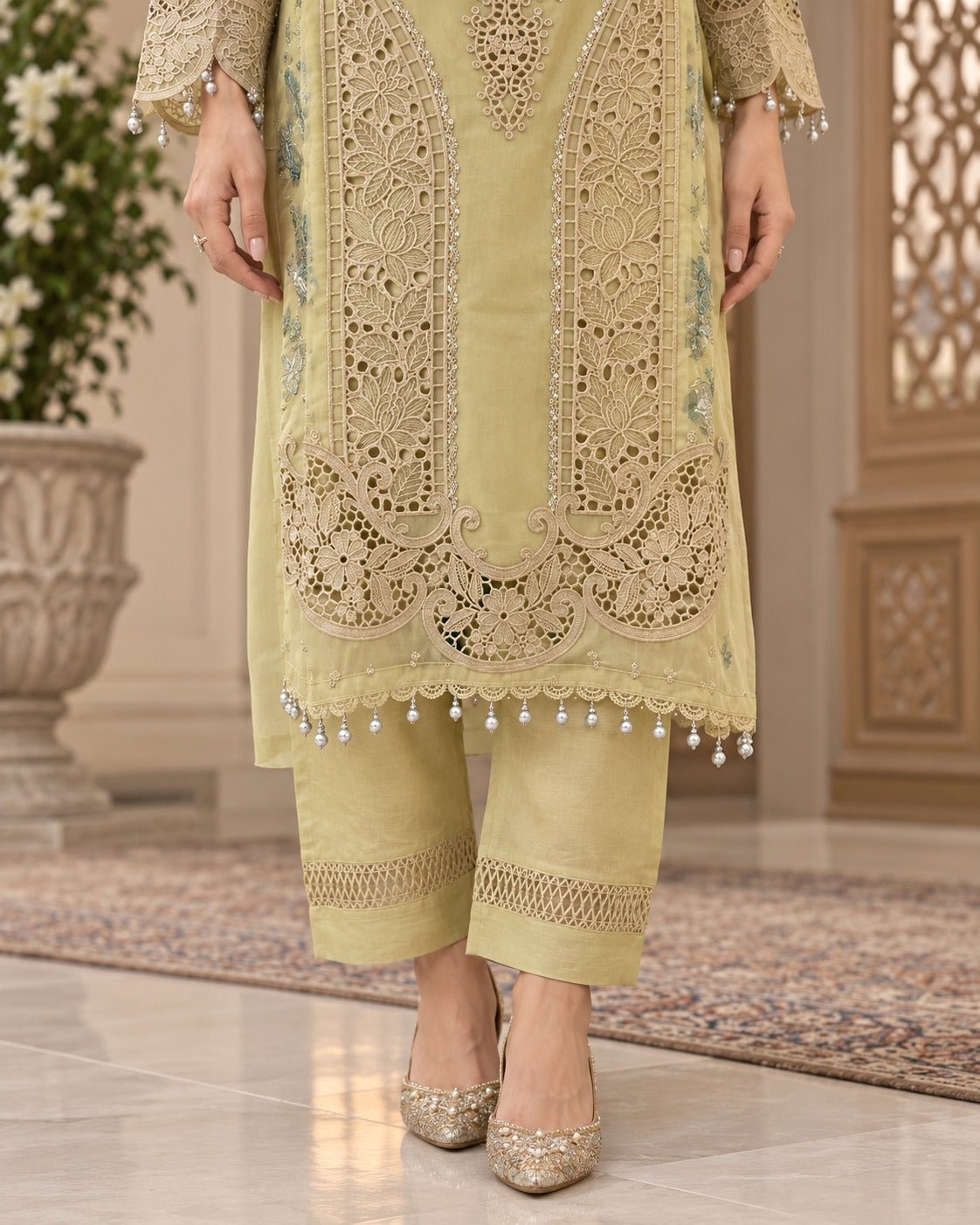 Pistachio Green Organza Cutwork Embroidered 3 Piece Suit