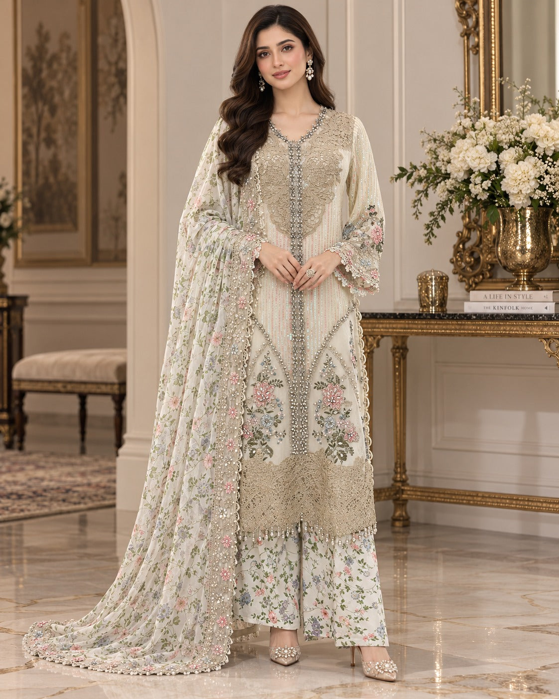 Ivory Pastel Floral Organza Embroidered 3 Piece Suit