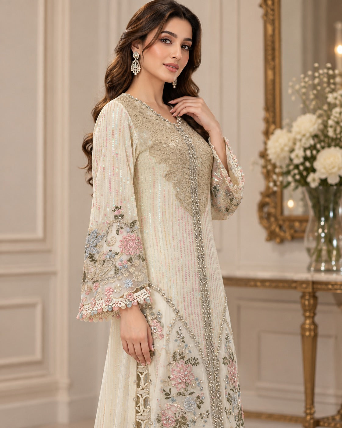 Ivory Pastel Floral Organza Embroidered 3 Piece Suit