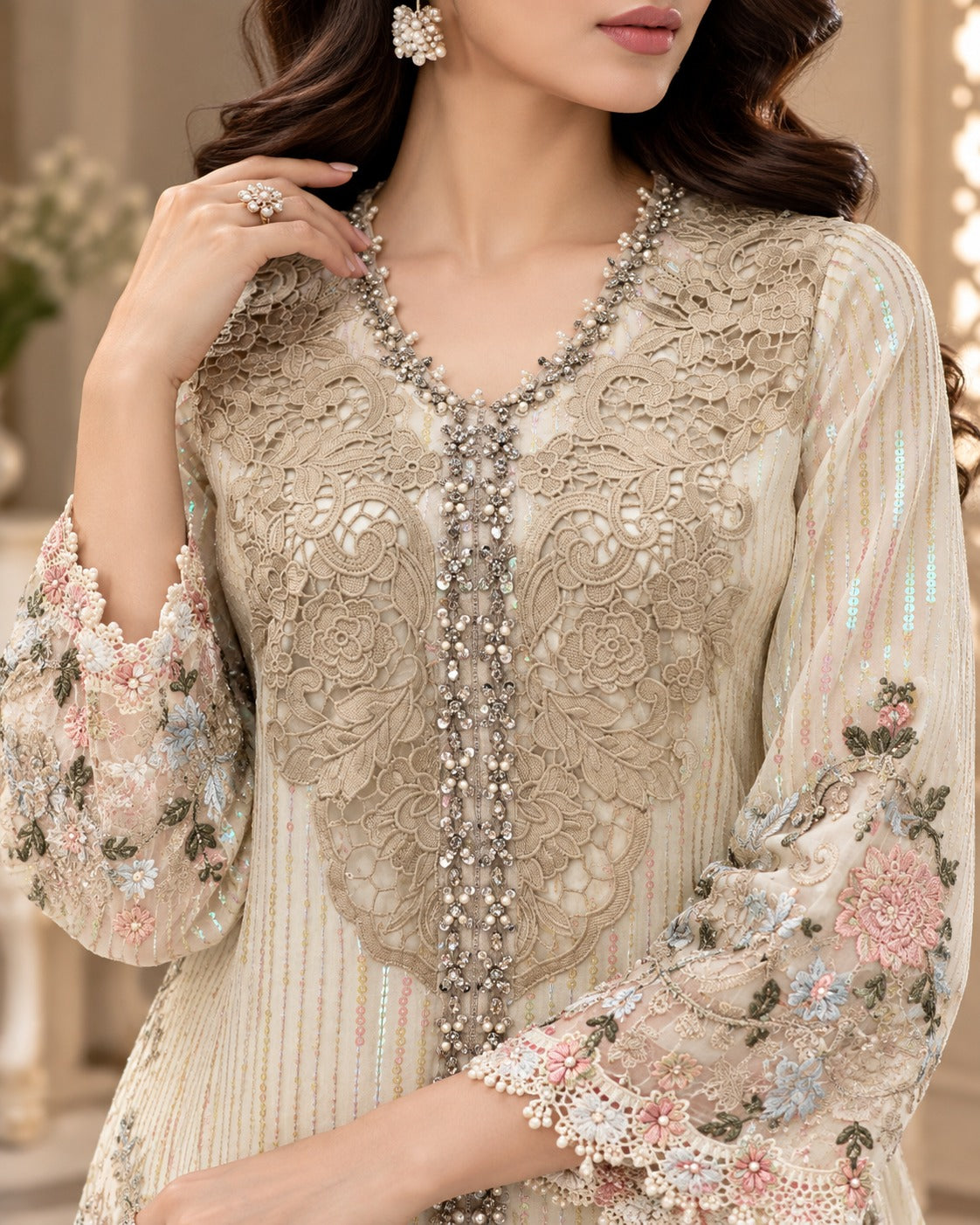 Ivory Pastel Floral Organza Embroidered 3 Piece Suit