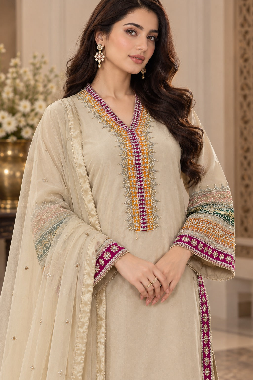 Ivory Multicolor Handworked Ready to Wear 3 Piece Suit